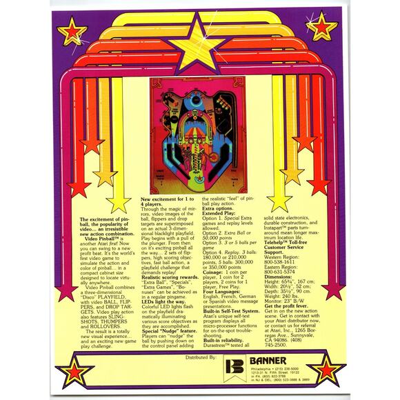 Video Pinball By Atari Retro Arcade Game FLYER Original 1979 Vintage Two Sides - Picture 2 of 2